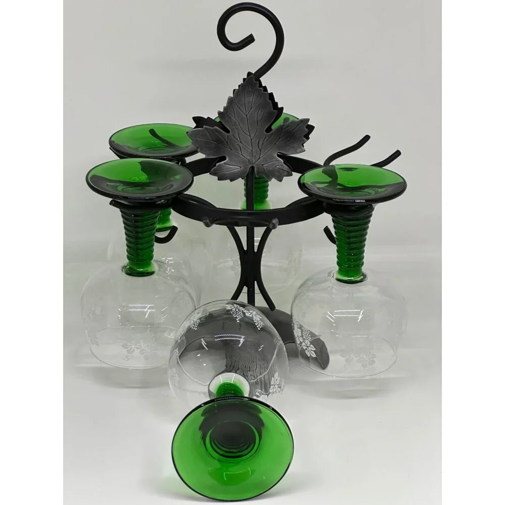 VTG‎ 80s Luminarc France Etched Wine Glass Set of 5 Green Ribbed Stem Grapevine